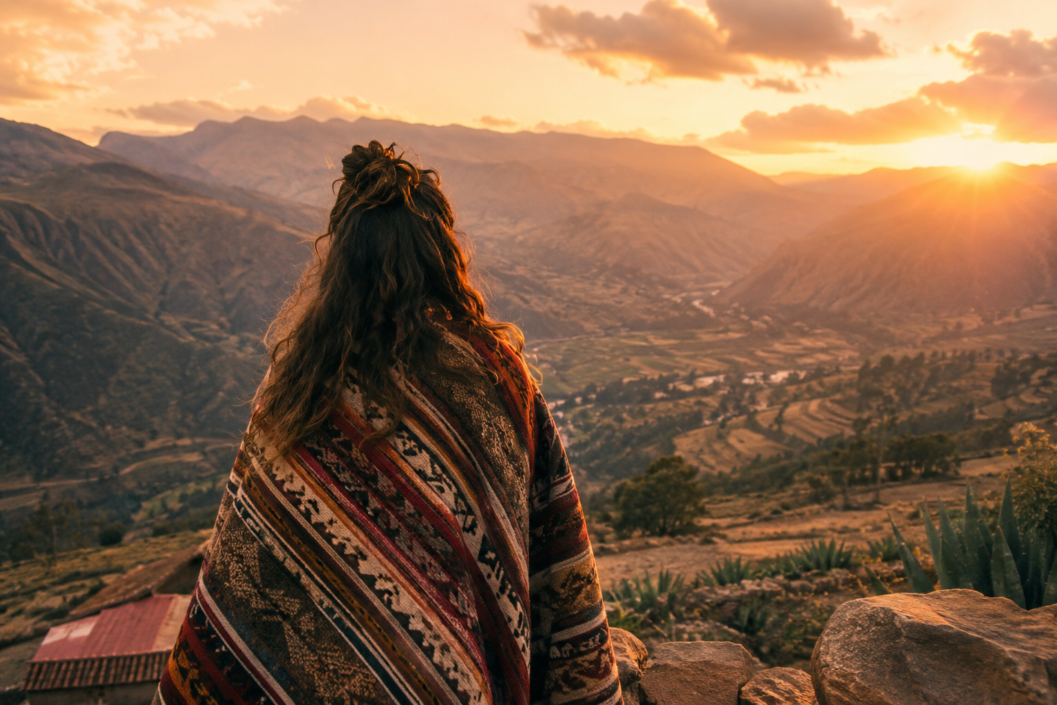 Mulher de costas, envolta em uma manta andina colorida, contemplando o pôr do sol sobre o vale e as montanhas dos Andes