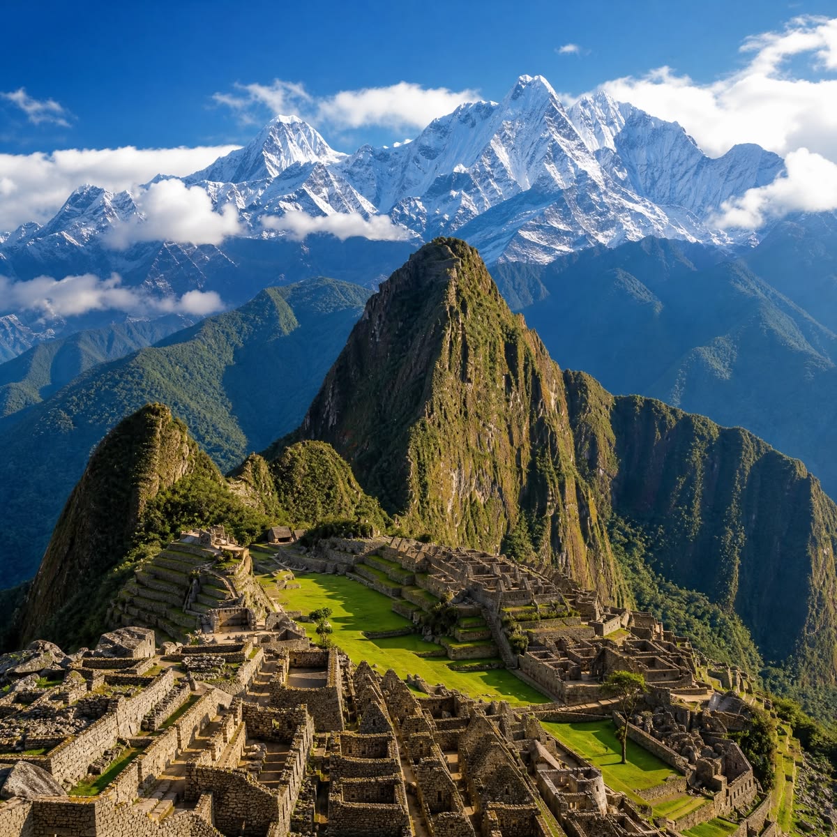 Vista panorâmica de Machu Picchu com a cordilheira nevada ao fundo